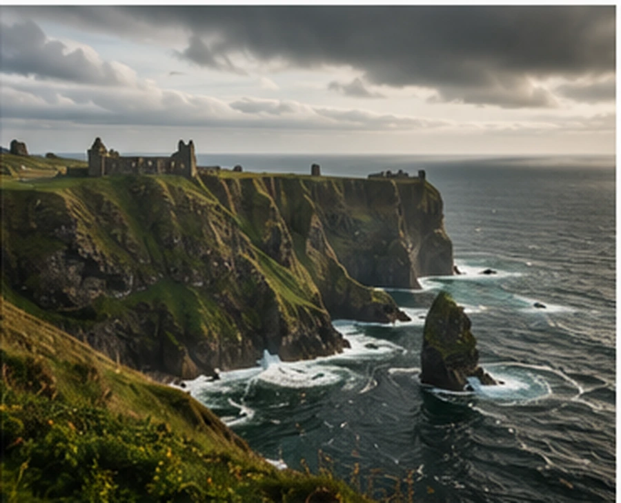 Cinematic Celtic mythology landscape with misty hills and ancient stones
