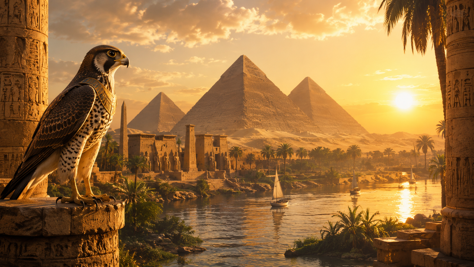 Realistic Egyptian landscape with pyramids, Nile, temple ruins and a falcon at sunset