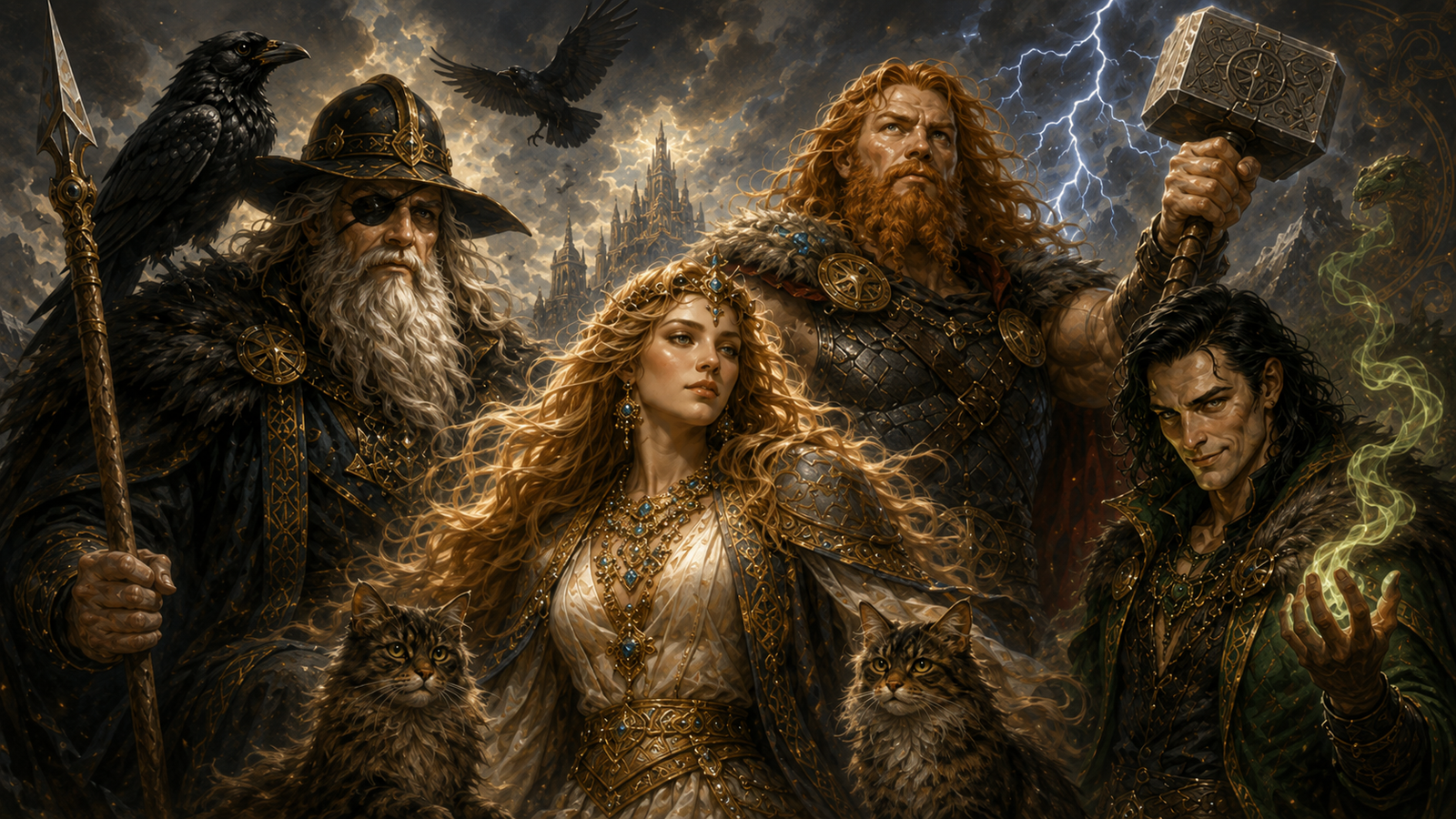 Norse mythology collage showing Odin, Thor, Freyja and Loki
