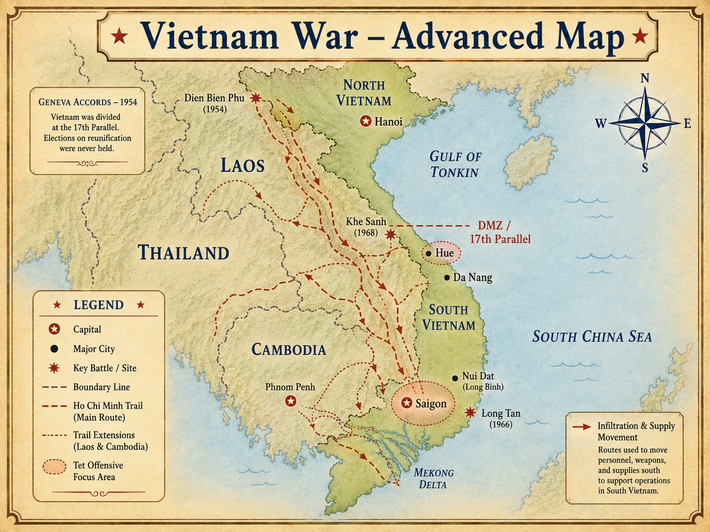 Vietnam War Advanced map showing North and South Vietnam, the Geneva division, DMZ, Ho Chi Minh Trail network, Dien Bien Phu, Khe Sanh, Hue, Da Nang, Saigon, Phnom Penh, Nui Dat, Long Tan and Mekong Delta