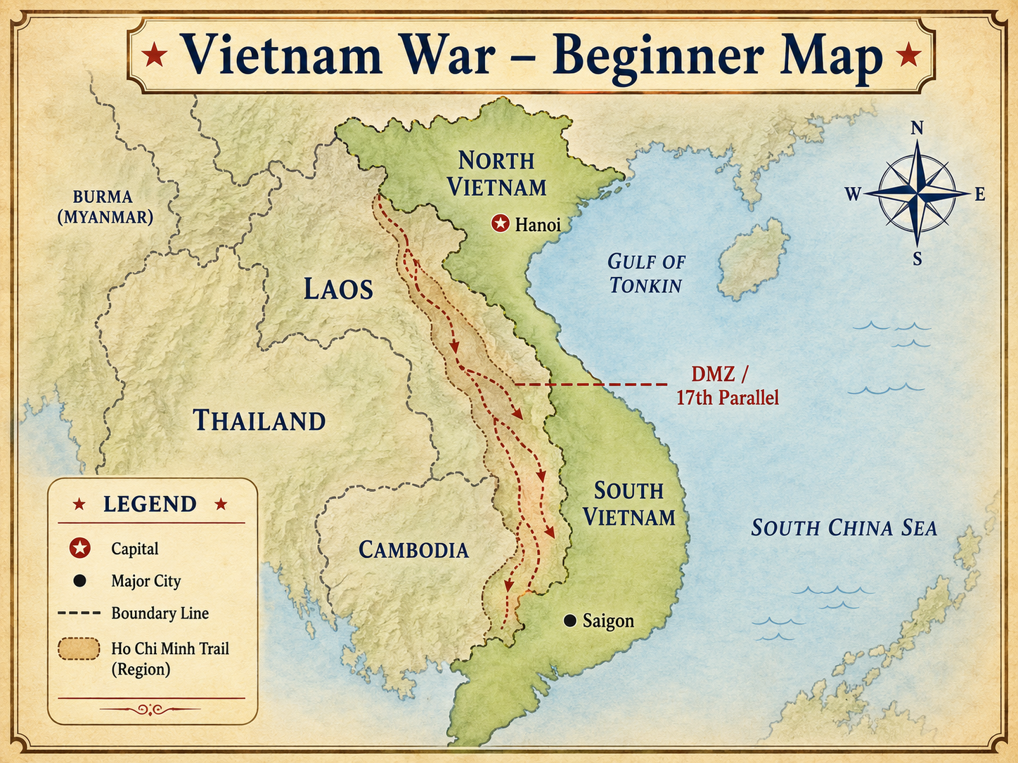 Vietnam War Beginner map showing North Vietnam, South Vietnam, Hanoi, Saigon, Laos, Cambodia, the DMZ / 17th Parallel and the Ho Chi Minh Trail region