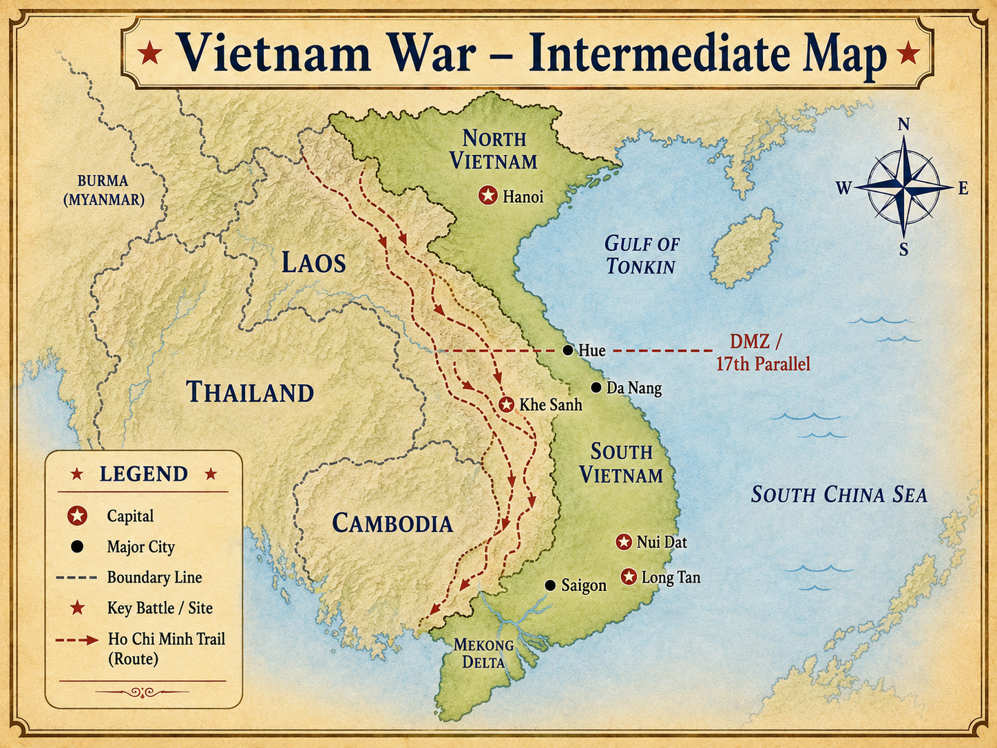 Vietnam War Intermediate map showing Vietnam, Laos, Cambodia, Hanoi, Saigon, Hue, Da Nang, Khe Sanh, Nui Dat, Long Tan, the Mekong Delta, the DMZ and the Ho Chi Minh Trail