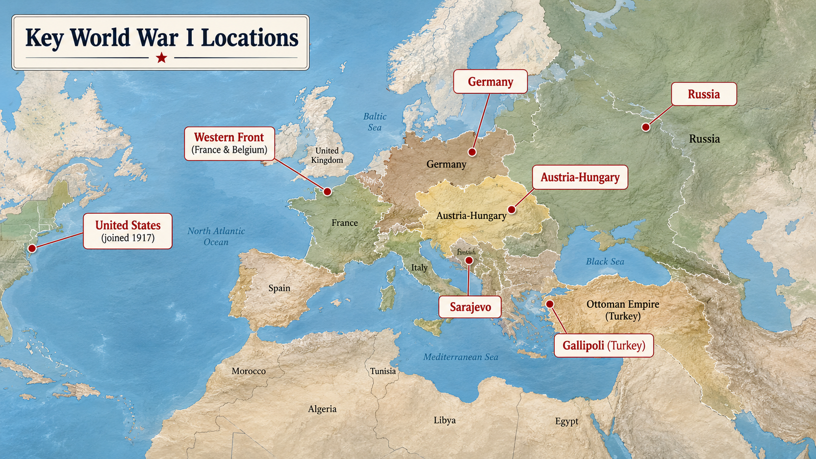 Key World War I intermediate locations map showing major fronts, empires, Gallipoli, the Middle East, Africa, sea routes and the United States