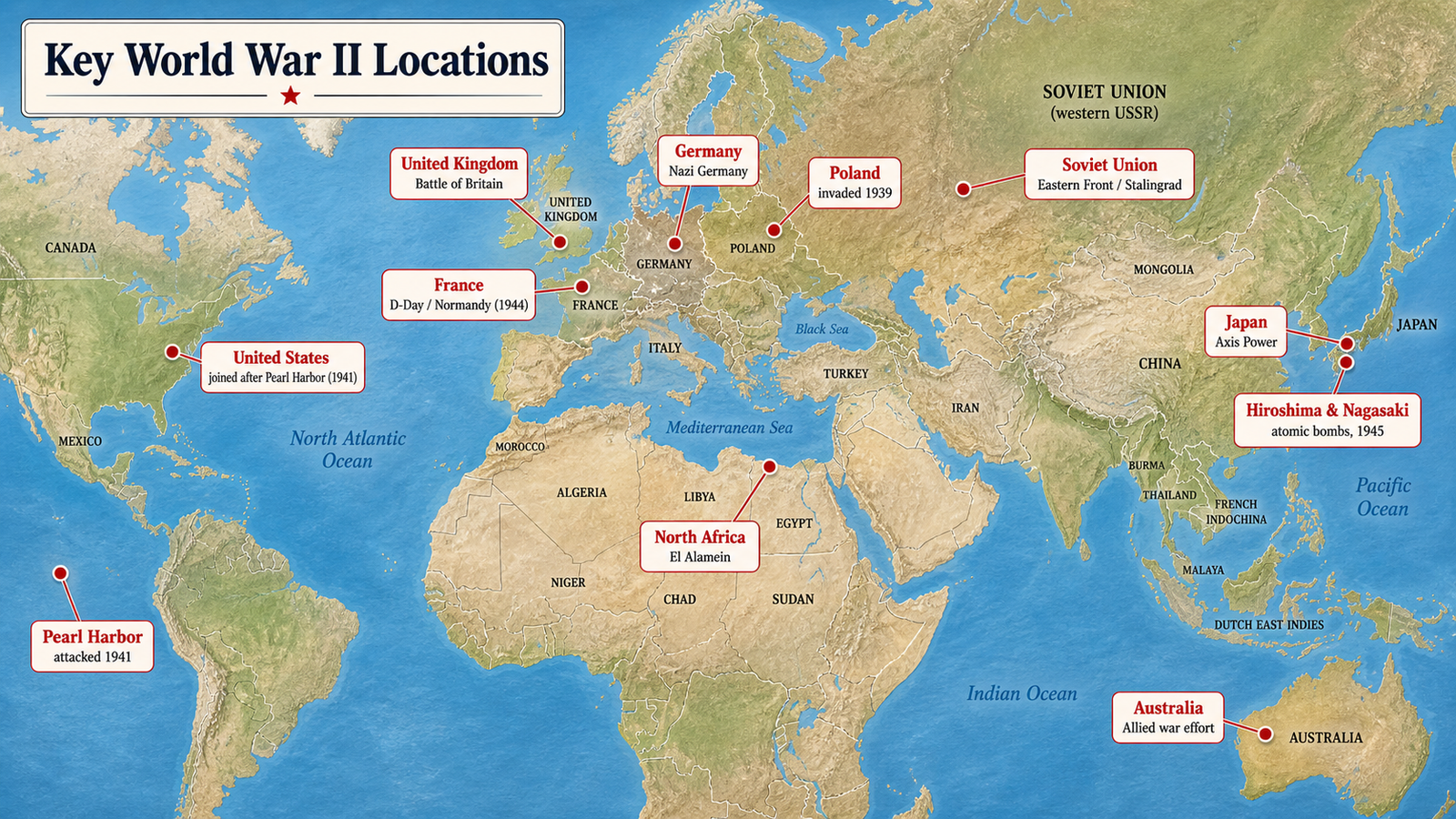 Key World War II locations map showing Europe, North Africa, the Pacific, Germany, Poland, Britain, France, Soviet Union, Japan and the United States